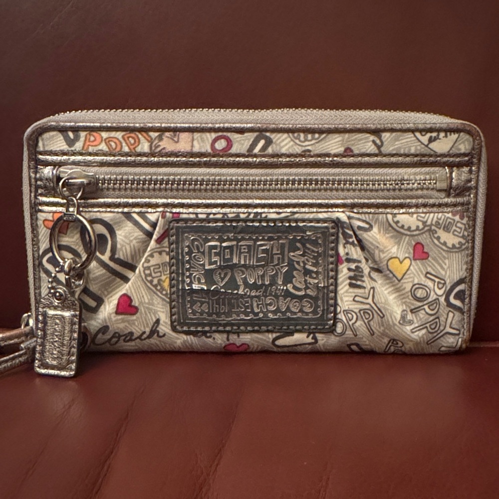 Coach Beige Graphic Wristlet with Pink & Yellow Heart Accents